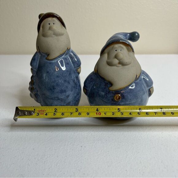 Pair Stoneware Pottery Santas Blue Coats Tall and Short Round Whimsical Folky - Picture 12 of 12
